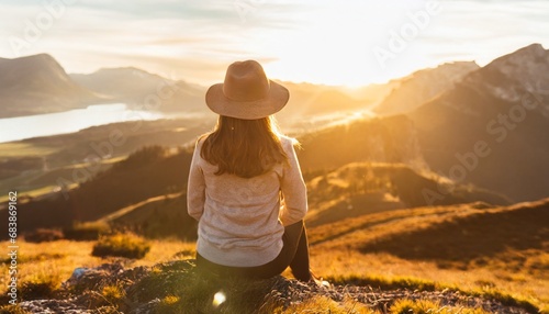 Young beautiful woman with hat sitting on mountain peak and enjoys the view into the valley. generative ai