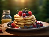 Indulge in a Stack of Golden Pancakes, Berries Galore – The Ultimate Breakfast Delight! Generative AI