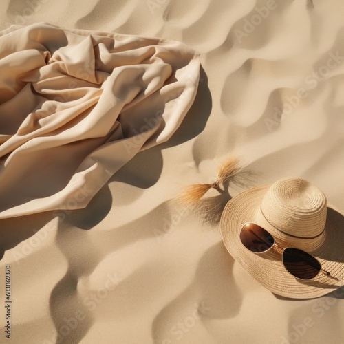 a beach towel, sunglasses and hat are in the sand on a beach