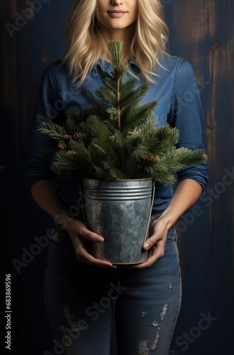 a blonde woman is holding a blue bucket with a small pine tree in the middle ...