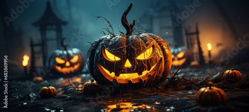 Eerie Halloween Jack O'Lanterns in a Spooky Setting