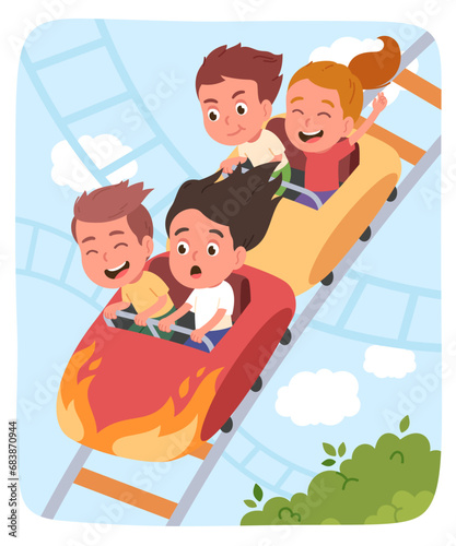 Excited children riding roller coaster having fun. Happy, scared boys, girls kids persons enjoying riding rollercoaster in amusement park. Fast speed excitement, enjoyment flat vector illustration