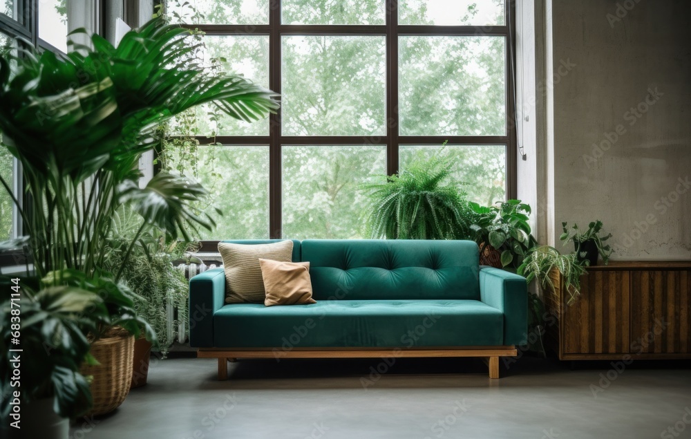 a green couch and plants are near a window
