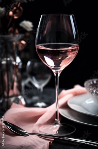a glass of wine on a table set up with napkins