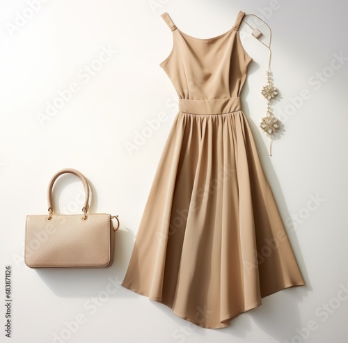 a gold dress bag and jewelry are laid out on