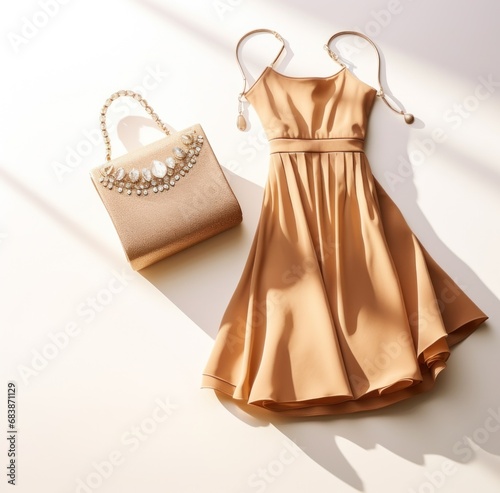 a gold dress bag and jewelry are laid out on