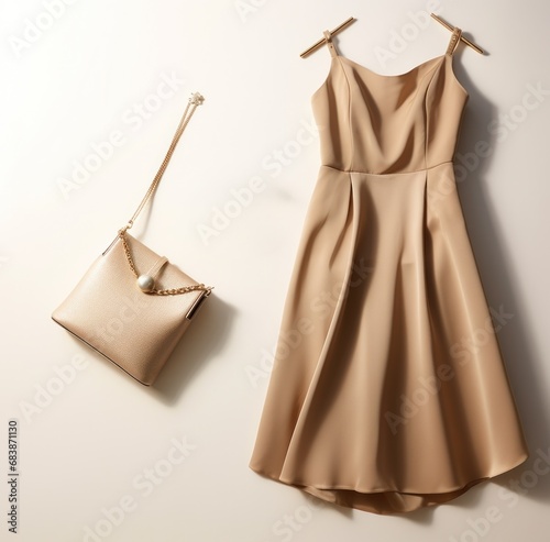 a gold dress bag and jewelry are laid out on