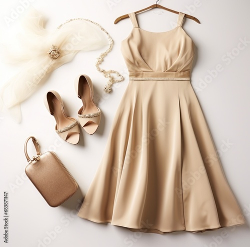 a gold dress bag and jewelry are laid out on