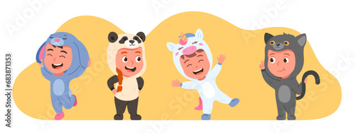 Funny boys, girls kids wearing animal person jumpsuit costumes. Joyful friends wear cute animal nightwear, gesturing, posing, having fun. Children portraits pajama party flat vector illustration set