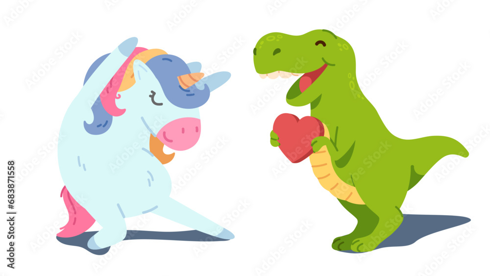 Funny smiling cute imaginary animals. Dancing unicorn, heart giving dinosaur. Tyrannosaurus Rex sharing his love fantasy. Viral marketing and social media animal characters concept vector illustration