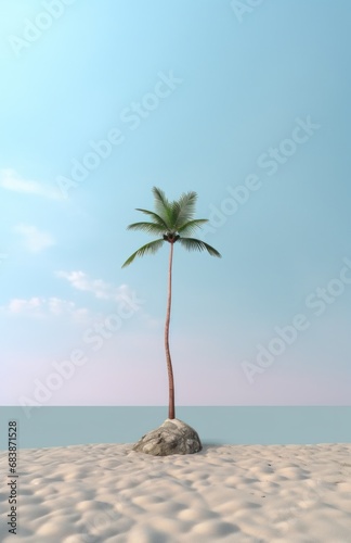 a palm tree on top of a pebble beach in a large sea with a cloudy sky