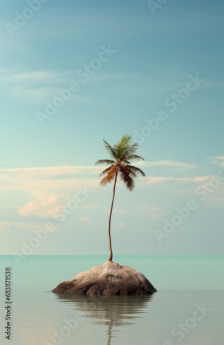 a palm tree on top of a pebble beach in a large sea with a cloudy sky