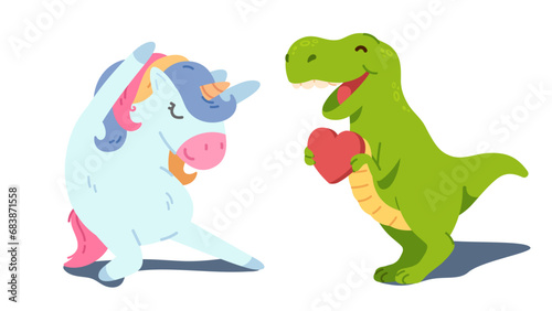 Funny smiling cute imaginary animals. Dancing unicorn  heart giving dinosaur. Tyrannosaurus Rex sharing his love fantasy. Viral marketing and social media animal characters concept vector illustration