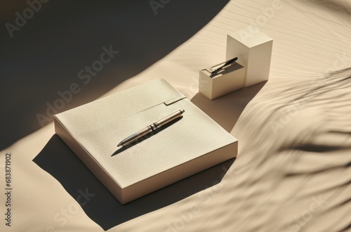 an empty paper box, pen, pens, and a notebook
