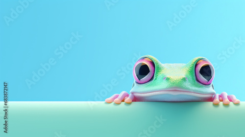 Green frog peeking over pastel bright background.