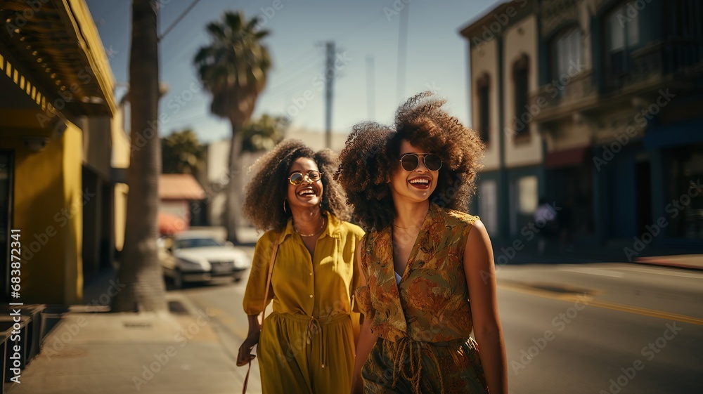 horizontal portrait of two young girls walking and laughing in the street in a sunny day AI generated