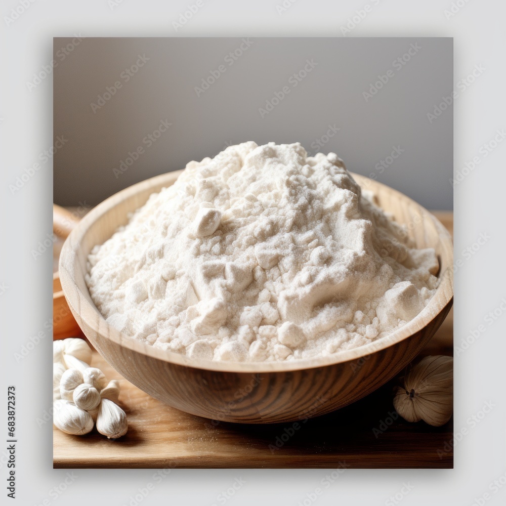 Experience the Rustic Charm: High-Quality Flour in a Wooden Bowl Generative AI Experience the Rustic Charm: High-Quality Flour in a Wooden Bowl Generative AI