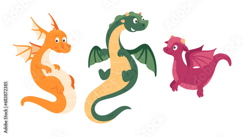 Cute dragons animals set. Funny smiling child monsters cartoon characters collection. Childish fantasy reptile creatures. Ancient legend mythology beasts concept flat style vector illustration
