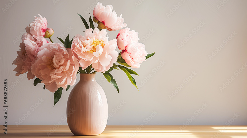 Bouquet of pink peonies in a beautiful vase on table. Springtime blossom, peony bunch. Beautiful spring fresh flowers. Bright room flooded with sun. Floral romantic. Women’s holiday. Generated AI