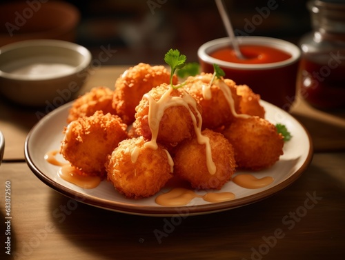 Decadent Fried Cheese Balls Served with Luscious Sauce - Perfect Party Treat! Generative AI