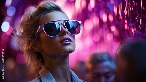 young woman with sunglasses in violet light