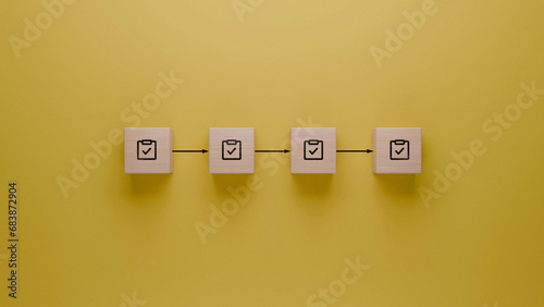 Task completion process with consecutive check mark symbols, stepwise project milestones achievement, to-do list verification illustrated with wooden blocks on a yellow background photo