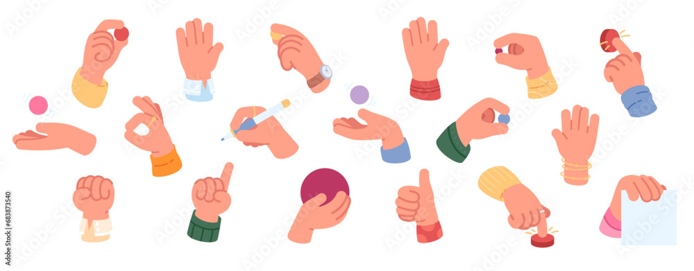 Hands gesturing, holding pen, pressing button set. Thumb up, ok sign, fist, pointing gestures. Palms, fingers hold things, blank paper sheet. Hand communication collection flat vector illustration