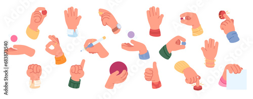 Hands gesturing, holding pen, pressing button set. Thumb up, ok sign, fist, pointing gestures. Palms, fingers hold things, blank paper sheet. Hand communication collection flat vector illustration