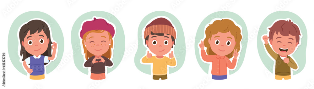 Happy boys, girls kids posing gesturing set. Cheerful children people showing victory sign, thumb up, finger heart, OK, winner hand gestures. Child portrait flat vector illustration collection Happy boys, girls kids posing gesturing set. Cheerful children people showing victory sign, thumb up, finger heart, OK, winner hand gestures. Child portrait flat vector illustration collection