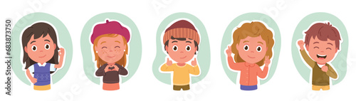 Happy boys, girls kids posing gesturing set. Cheerful children people showing victory sign, thumb up, finger heart, OK, winner hand gestures. Child portrait flat vector illustration collection