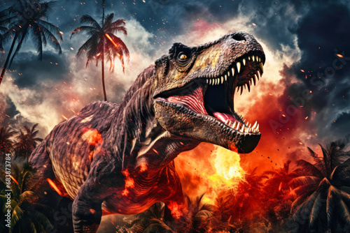 Tyrannosaurus T-rex ,dinosaur on smoke and fire background. Global catastrophe. A dinosaur escapes from the flames. © Anoo