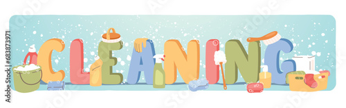 Cleaning banner and household supplies lettering. Sponge, washing detergent bottle, dirty laundry, soap, bucket, brush housekeeping equipment. Home cleanup cleaners poster flat vector illustration photo