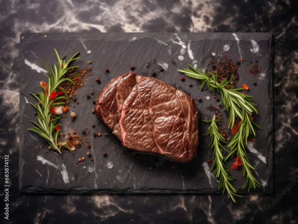 Succulent Steak on Stone Slab: A Unique Blend of Flavor & Aroma with Fresh Rosemary! Generative AI