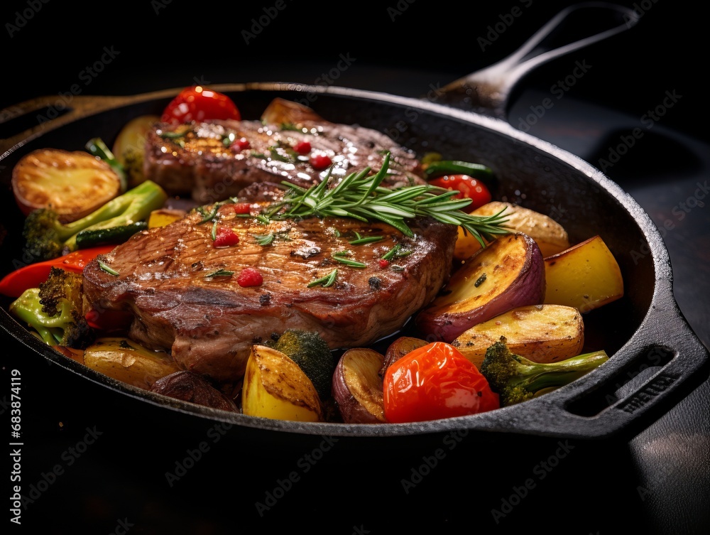 Succulent Steak and Crisp Vegetables in a Cast Iron Pan - Savor the Flavors! Generative AI Succulent Steak and Crisp Vegetables in a Cast Iron Pan - Savor the Flavors! Generative AI