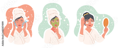 Woman taking care of face skin set. Beautiful girl person washing face, wearing cosmetic facial mask, eye patches, looking in mirror. Daily routine skincare, hygiene, beauty flat vector illustration