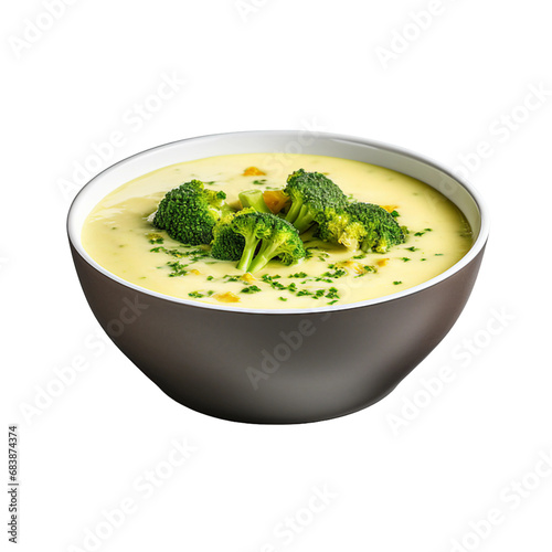 A Bowl of Creamy Broccoli Cheddar Soup Isolated on a Transparent Background