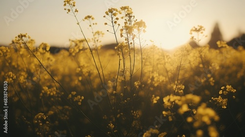 A field of Charlock yellow wildflowers swaying under the summer sun  with the monochromatic color palette highlighting the beauty of simplicity and nature