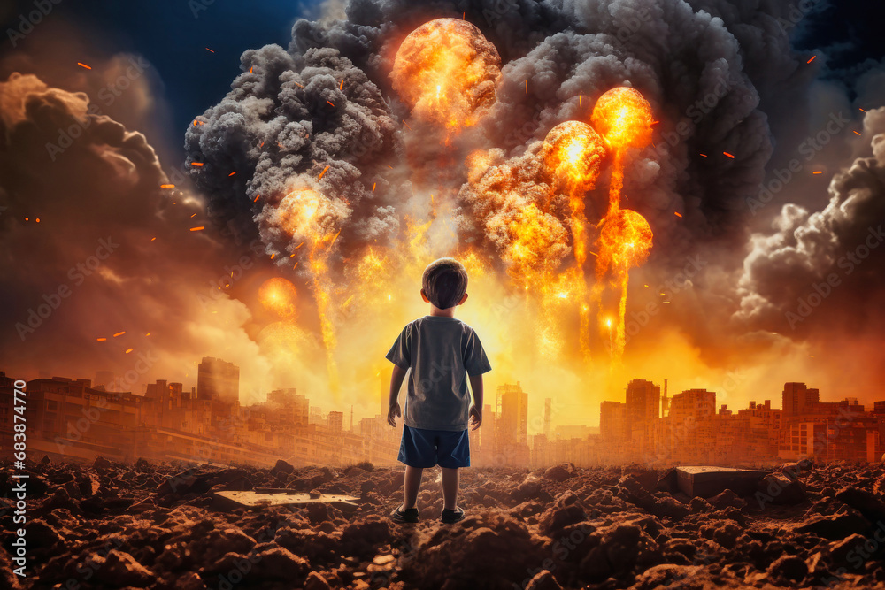 A small child against the background of an explosion and fire. Raised his hands in an attempt to stop the war. A child looks at the fire and destruction of his city. The boy wants to stop the war. A small child against the background of an explosion and fire. Raised his hands in an attempt to stop the war. A child looks at the fire and destruction of his city. The boy wants to stop the war.