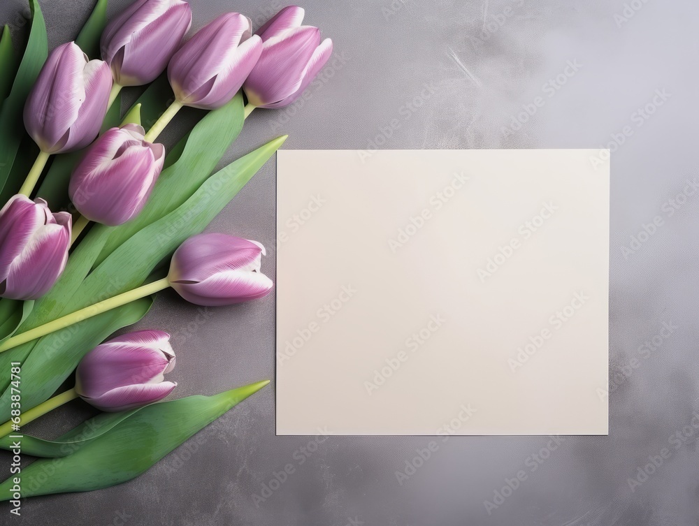 Fototapeta premium Explore the Enchanting Beauty of Tulips and Elegant Frames on a Sophisticated Grey Backdrop Generative AI