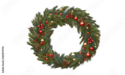 A vector illustration of a Christmas pine fluffy wreath adorned with festive decorations. This holiday-themed vector graphic is suitable for use in various design projects.      