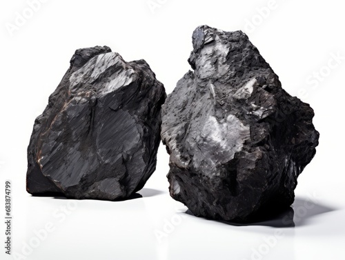 Striking Contrast: Unveiling the Bold Beauty of Black Coal Rocks against a Pristine White Background Generative AI