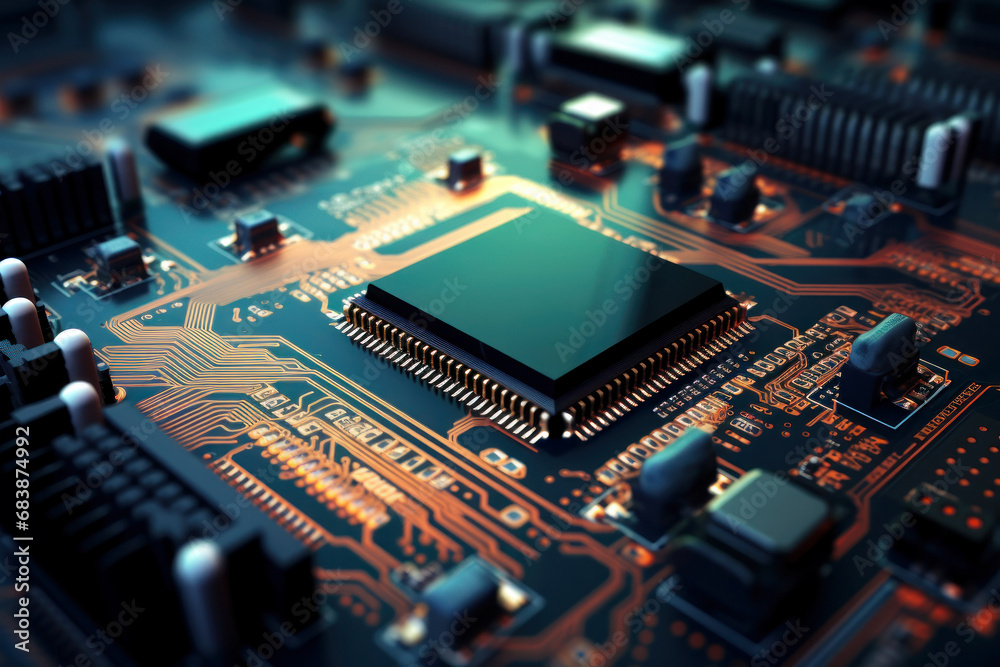 Close-up of an electronic board with a processor or chip. Development of computer technologies. Modern electronics production. Close-up of an electronic board with a processor or chip. Development of computer technologies. Modern electronics production.