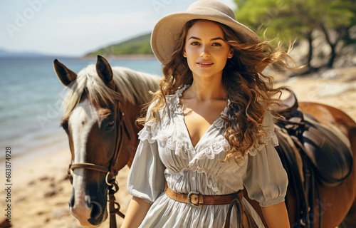 A stunning young rider, dressed in a frock and sporting loose hair, guides her horse along the shore. equestrian riding outdoors .