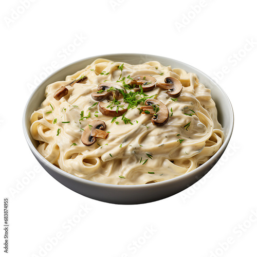 A Bowl of Creamy Mushroom Fettuccine Alfredo Isolated on a Transparent Background