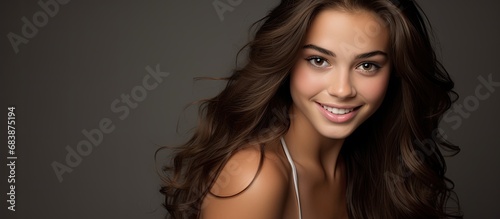 The stunning girl with her flowing brunette hair embodies timeless beauty as she wears a radiant smile on her face in her captivating white portrait, showcasing her flawless makeup and portraying the photo