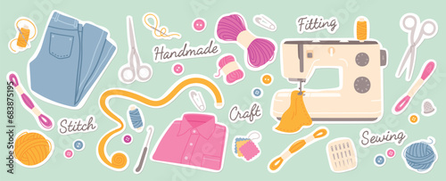 Needles, buttons sewing accessories set background. Thread, scissors, pin, spool, sewing machine equipment, fabric, clothing collection. Handmade tailoring hobby tools concept flat vector illustration