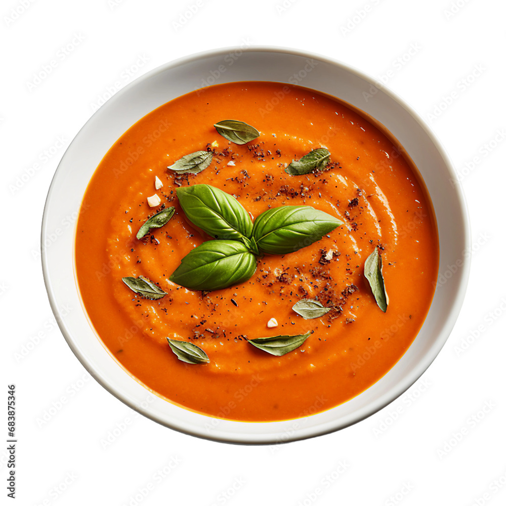 A Bowl of Creamy Tomato Basil Pesto Soup Isolated on a Transparent Background A Bowl of Creamy Tomato Basil Pesto Soup Isolated on a Transparent Background