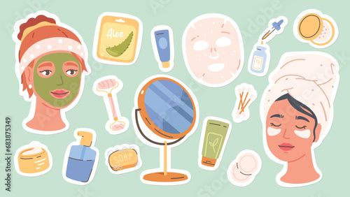 Woman face skin care cosmetic stickers set. Women wearing facial mask, gel eye patches. Cream, oil bottles, massager, mirror, soap. Skincare, hygiene, beauty collection flat vector illustration