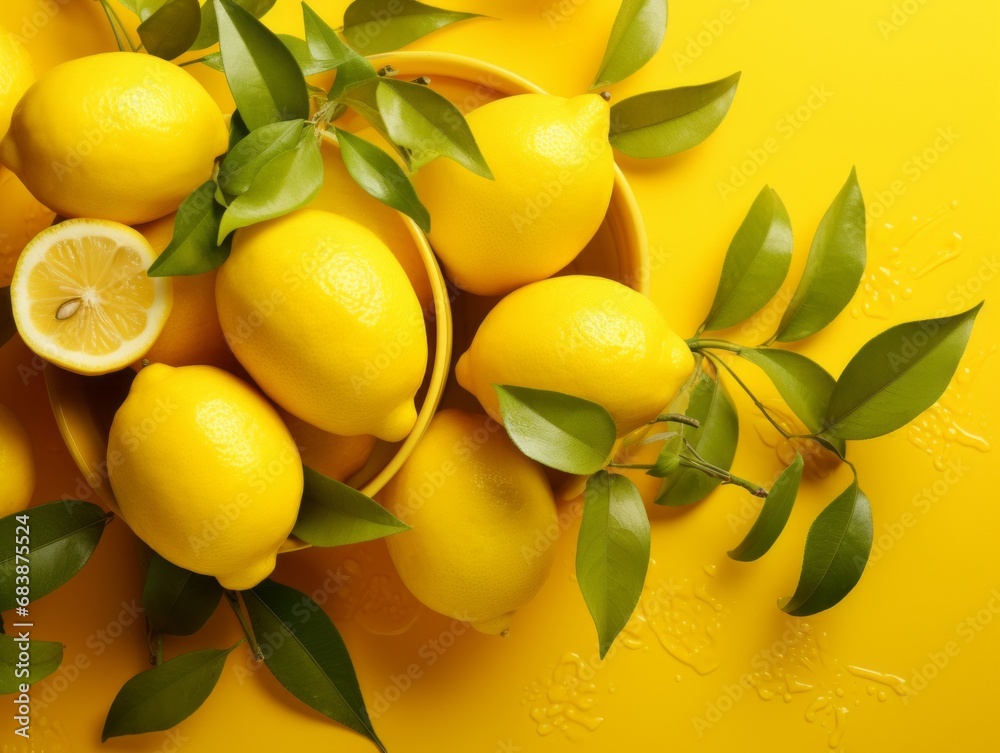 Refreshing Summer Vibrancy: Bold Yellow Background with Tangy Lemons and Fresh Leaves Generative AI