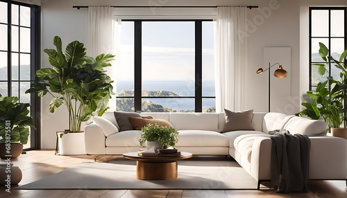 A large white couch sits before a window  bringing light to a spacious living room with a tall potted plant  creating a serene and inviting atmosphere..